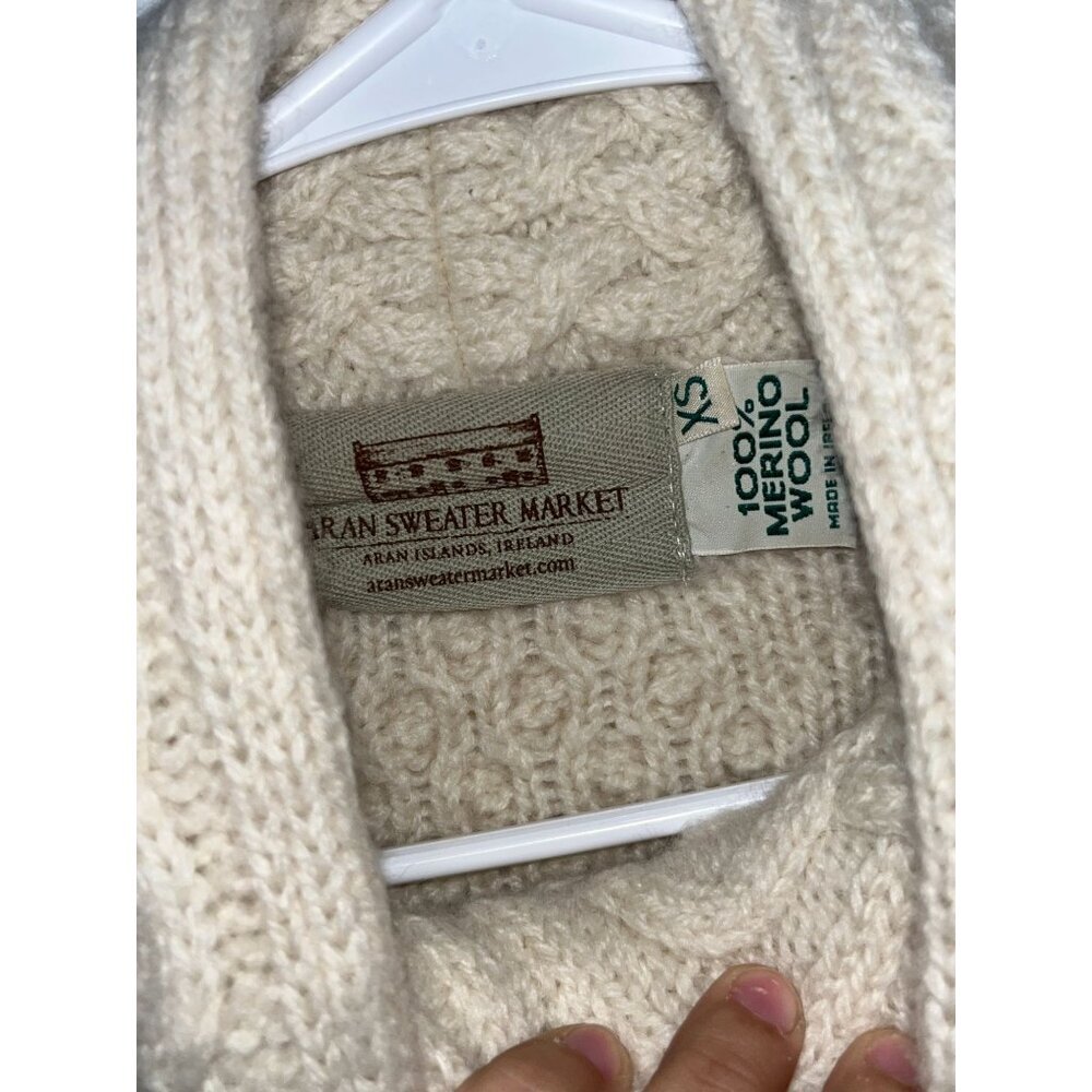 Aran Sweater Market XS 100% Merino Wool Cable Knit Cream Turtleneck Sweater - Picture 4 of 8